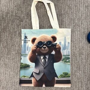 Bear Print Canvas Tote Bag in Cream